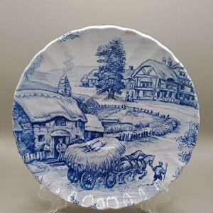 Blue and White Ceramic Art Plate with Pastoral Scene